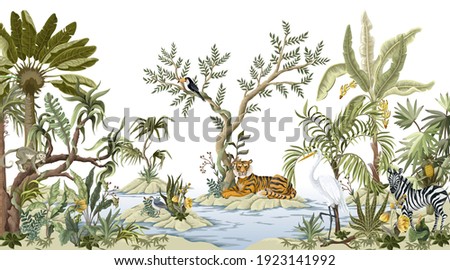 Border with jungles trees,animals and islands in chinoiserie style. Trendy tropical interior print