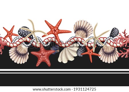 Border with starfishes, shells and rope. Vector trendy print. 