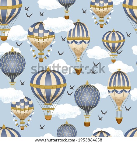 Seamless pattern with aerostats in the sky. Air balloon vintage print