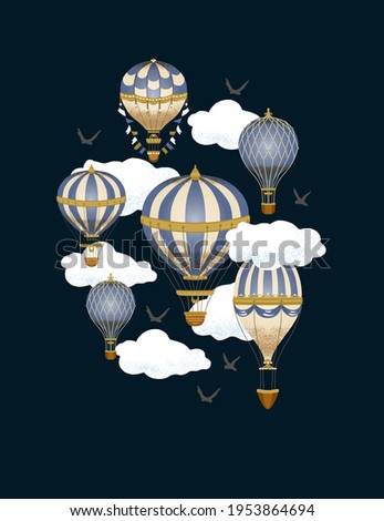 Aerostats in the sky. Air balloon vintage print