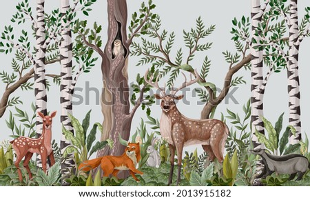 Pattern with trees and forest animals such as fox, deer and owl. Vector