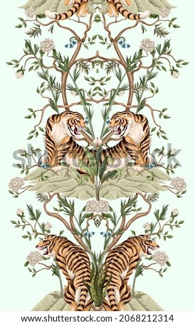 Print with white peonies trees and tigers in chinoiserie style. Interior wallpaper