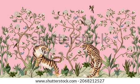 Print with peonies trees, bamboo, palms and tigers in chinoiserie style