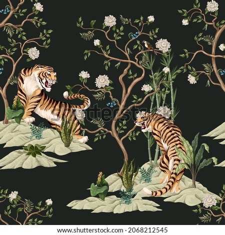 Print with white peonies trees and tigers in chinoiserie style. Interior wallpaper
