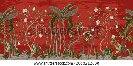 Print with peonies trees, bamboo, palms and birds in chinoiserie style