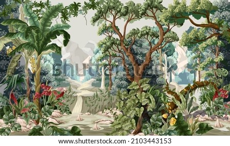 Jungle wallpaper with trees and tropical plant. Vector. Stockfoto © 