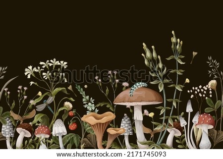 Autumn border with mushrooms, berries and bugs. Natural trendy print.