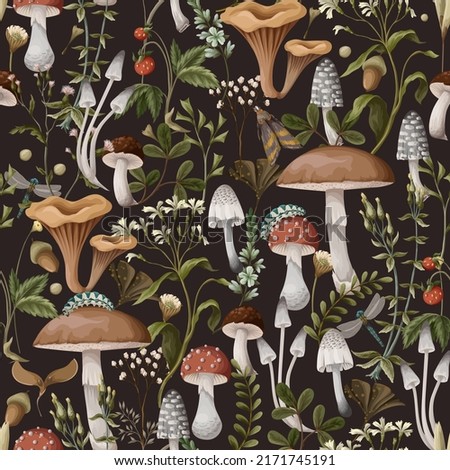 Autumn seamless pattern with mushrooms, berries and bugs. Natural trendy print