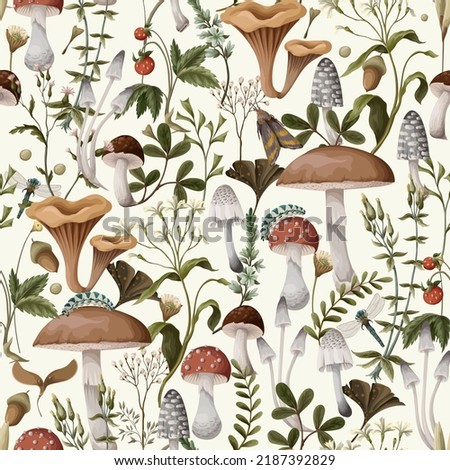 Autumn seamless pattern with mushrooms, berries and bugs. Natural trendy print.