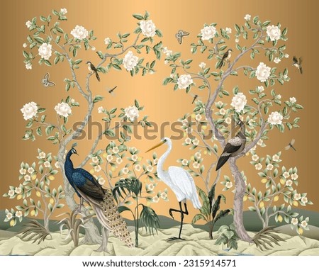 Chinoiserie mural with peacocks and flowers trees. Vector