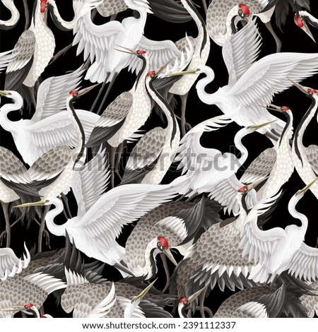Seamless pattern with dancing cranes and herons. Vector.