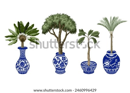 Seamless pattern with Chinese blue vases and trees. Vector