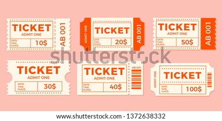 Ticket set icon, vector illustration in the flat style. Ticket stub isolated on a background. Retro cinema or movie tickets