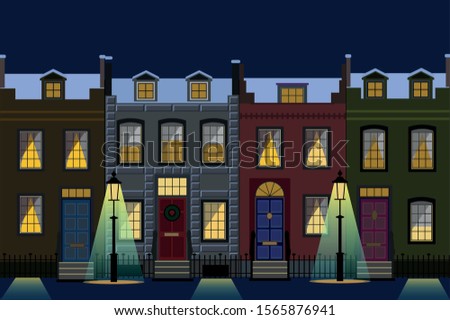 House facades in lamp light a winter night. Vector Illustration