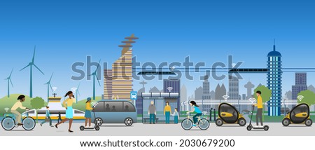 Electric transport in a sustainable and IoT connected modern city view. Electric scooters,  bike,  Monorail trains, autonomous public transport, ferry and vehicles. Renewable energy from wind mills.
