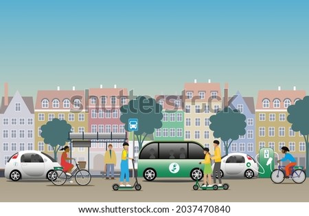 City view with examples of sustainable electric transports. Electric bikes and scooters. Electric cars and a charging station, Electrified public bus. 