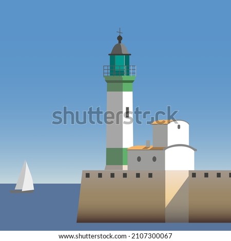 Le Treport lighthouse in the harbour entré. Vector illustration Сток-фото © 