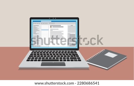 Laptop with an open email application and a physical notebook. Simplified flat style. Vector Illustration