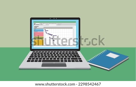 Laptop with a spreadsheet application showing a gantt chart. A notebook beside.  Simplified flat style. Vector Illustration