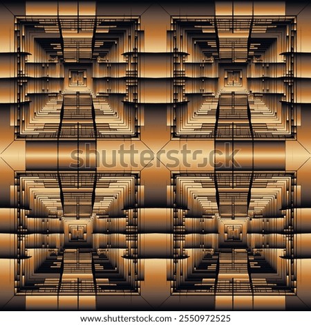 3d Futuristic abstract modern black and gold geometric seamless pattern with grunge square layers, shapes and intersecting lines. Surface structure. Trendy vector background. Endless grungy 3d texture