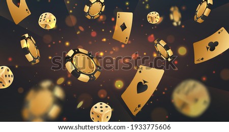 Falling golden poker chips, tokens, dices, playing cards on black background with gold lights, sparkles and bokeh. Vector illustration for casino, game design, flyer, poster, banner, web, advertising.