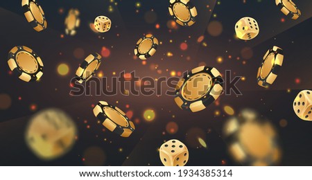 Falling golden poker chips, tokens, dices on black background with gold lights, sparkles and bokeh. Vector illustration for casino, game design, flyer, poster, banner, web, advertising.
