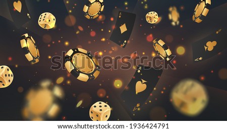 Falling golden poker chips, tokens, dices, playing cards on black with gold lights, sparkles and bokeh. Vector illustration for casino, game design, advertising.