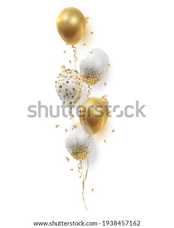 Bouquet, bunch of realistic golden ballons, transparent with confetti, serpentine, paper circles and ribbons. Vector illustration isolated on white background.