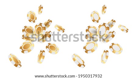 Falling golden with white poker chips, tokens on white background. Vector illustration for casino, game design, flyer, poster, banner, web, advertising.