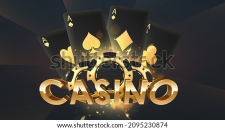 Golden logo casino with tree gold and black poker chips, tokens, and playing cards with reflection and lights. Concept for game design. Vector illustration.