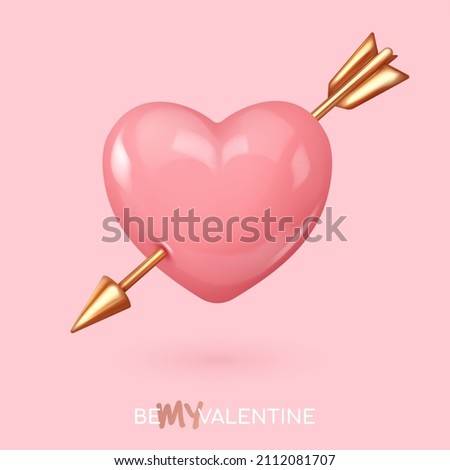 Realistic pink glossy candy heart with golden arrow. Look like 3d. Symbol of love. Be my Valentine. Vector illustration for card, party, design, flyer, poster, decor, banner, web, advertising.