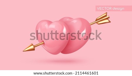 Couple realistic pink glossy candy hearts with golden arrow. Look like 3d. Symbol of love. Be my Valentine. Vector illustration for card, party, design, flyer, poster, decor, banner, web, advertising.