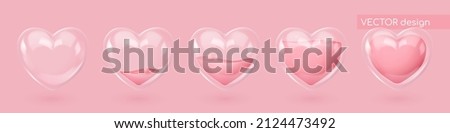 Set of realistic glass hearts with pink liquid with bubbles. Symbol of love. Vector illustration for card, party, design, flyer, poster, banner, web, advertising.