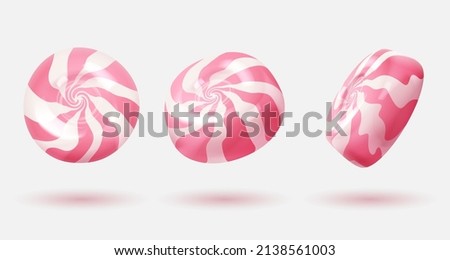 Set of three different sides sweet white glossy candies, lollipops with pink swirl, stripes. Look like 3d rendering. Vector illustration for card, party, flyer, poster, menu, banner, web, advertising.