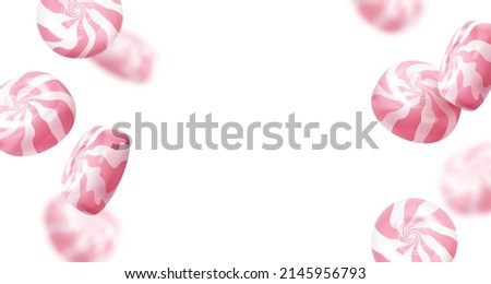Poster with realistic falling pink glossy candies, lollipop isolated on white background. Look like 3d rendering. Vector illustration for card, party, design, flyer, poster, banner, web, advertising.
