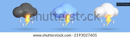 Set of vector 3d weather icon on blue background. Blue cloud with yellow glowing lightning bolt, thunder and three blue drops of rain. Vector illustration for postcard, banner, web, design, arts.