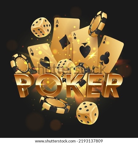 Golden letters Poker with flying golden poker chips, tokens, dices, playing cards on black background with gold lights, sparkles and bokeh. Vector illustration.