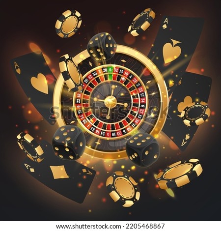 Explosion of black poker chips, tokens, playing cards, dices, casino roulette on black background with golden light, rays, glare, sparkles. Vector illustration for casino, game design, advertising.