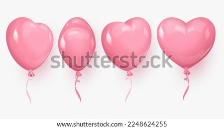 Set of four glossy 3d pink realistic heart ballons, from different sides and pink, white ribbons. Vector illustration for card, party, design, flyer, poster, decor, banner, web, advertising. 