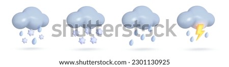 Set of vector 3d weather icons on white background. Blue clouds with glowing lightning bolt, thunder and blue drops of rain, snow. Vector illustration for postcard, banner, web, design, arts.