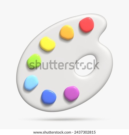 White palette 3d icon with rainbow paint. Creative tools for drawing, painting. Main tool of creative person. Realistic isolated vector illustration for card, party, design, flyer, web, advertising