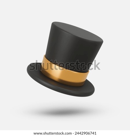 3d rendering illustration of a Cylinder magic hat with golden ribbon. Cute cartoon style. Vintage man fashion and magic show concept. Vector art isolated on white background