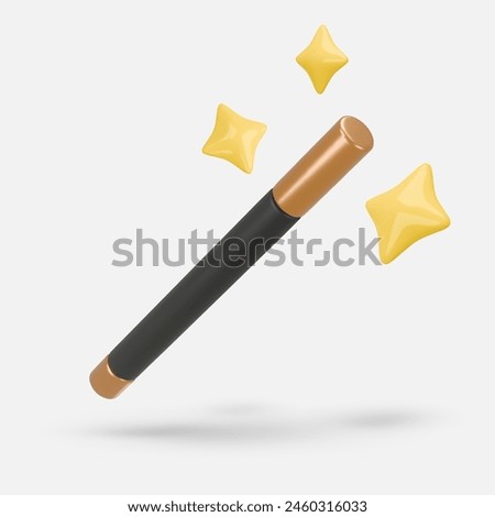 Vintage Magician, wizard show concept. 3d style illustration of a magic fairytale black wand with a yellow, golden stars around. Vector art isolated on white. Web site and mobile app design