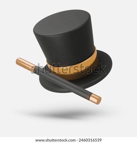 3d rendering illustration of a Cylinder magic hat with golden ribbon and fairytale wand. Vintage man fashion and magic show concept. Vector art isolated on white background