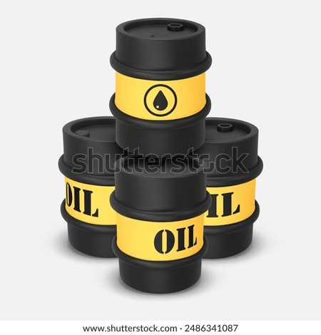 Black and yellow round metal drums. 3D rendering. Vector illustration isolated on white. Barrel of oil. Dangerous chemical liquids, flammable gases, waste. Oil Industry, Petrol Sign