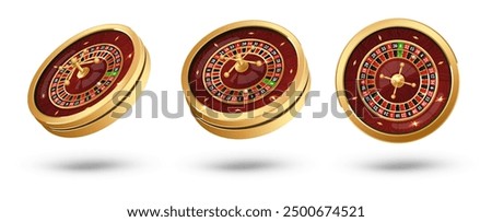 Set Golden casino roulette wheel with wood desk and cells on white background with golden light, rays, glare, sparkles. Vector illustration for casino, game design, advertising