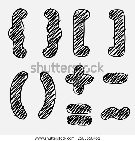 Trendy abc, signs, brackets, plus, minus, handwritten like a child. Vector lettering illustration for graphic tee shirt. Print to party, sticker, banner, badge, design, flyer, web, advertising