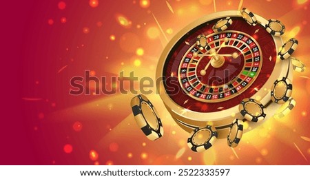 Golden poker chips, tokens with gold casino roulette wheel on red background with glitter, lightning. Vector illustration for casino, game design, advertising