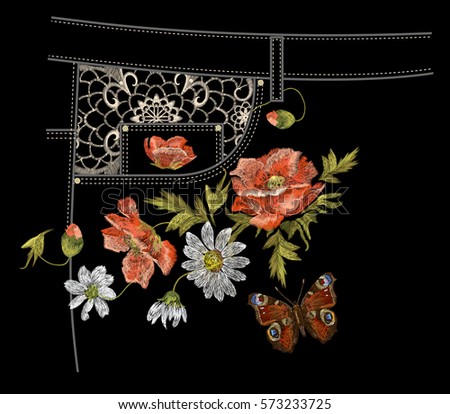 Embroidery colorful jeans botanical pattern with poppy and daisy flowers. Vector traditional folk flowers ornament with peacock butterfly on black background.