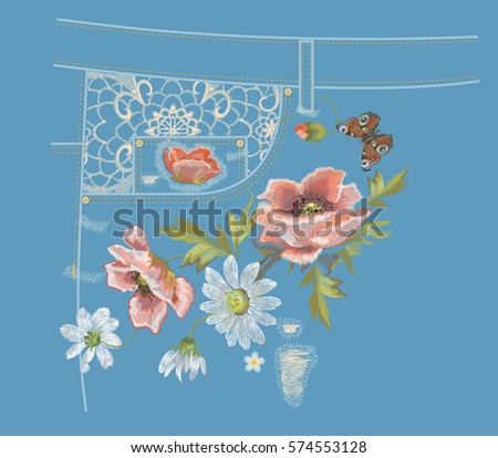 Embroidery colorful jeans botanical pattern with poppy and daisy flowers. Vector traditional folk flowers ornament with peacock butterfly on blue denim background.